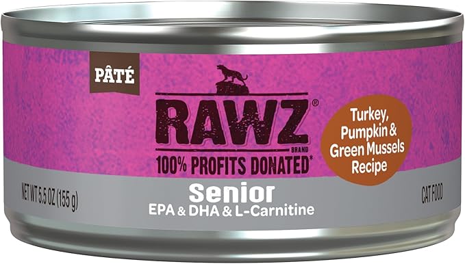 Rawz Natural Premium Pate Canned Cat Wet Food - Made with Real Meat Ingredients No BPA or Gums - 5.5oz Cans 24 Count (Turkey & Green Mussels for Seniors)