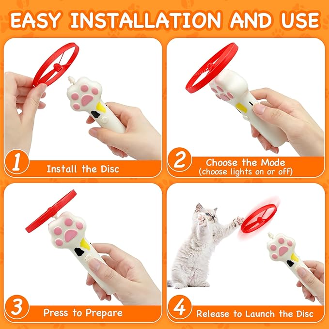 Cat Fetch Toy, Flying Cat Toy Disc Launcher with 6 Soft & Flexible Discs, Cat Toys for Indoor Cats, Interactive Cat Toy for Bored Kittens & Adult Cats