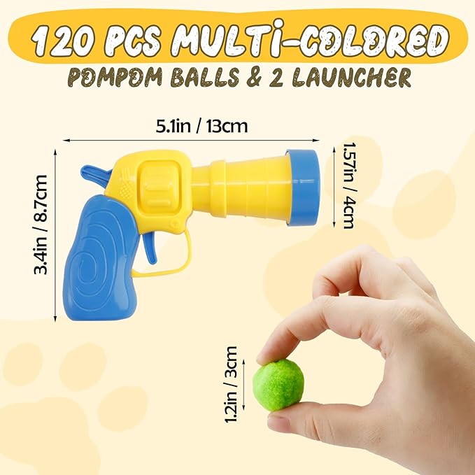 120 Pcs Cat Pom Pom Balls with 2 Pcs Launchers, Plush Exciting Interactive Cat Toys for Indoor Cats, Silent Soft Kitty Toys Ball Launcher Set, Active Kitten Toy Supplies