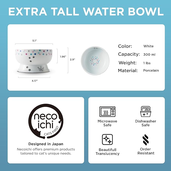 Necoichi Elevated Cat Water Bowl – Ceramic Raised Cat Bowl, Prevents Neck & Whisker Fatigue – Dishwasher & Microwave Safe – Pet Water Bowl for Cats (Colorful Dots, Regular)