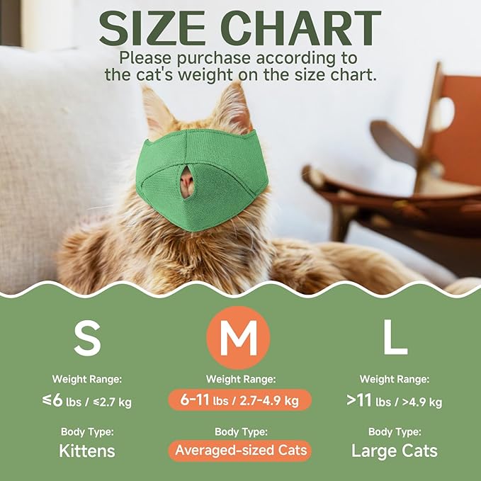 BARKLESS Cat Calming Muzzle for Grooming & Nail Trimming, Oxford Muzzle with Shading Design to Help Calm the Cat Down, Soft Head Cover to Prevent Biting & Scratching (Green, M)