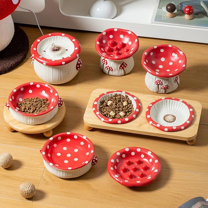Ceramic Elevated Dog Cat Food Bowl Set with Wooden Stand, Raised Cat Slow Feeders, no Black Chin, Pet Food and Water Dishes, for Kitten Pubby Small Animal