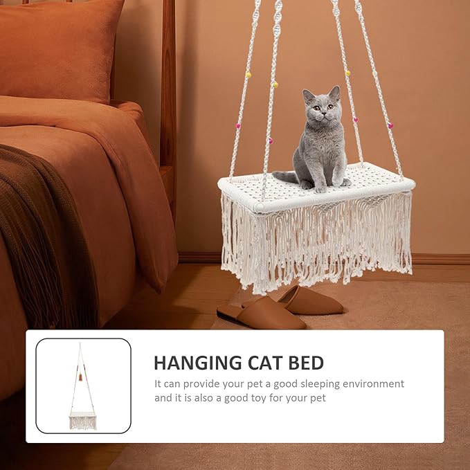 Hanging Cat Swing Bed Macrame Decorative Pet Hammock Bohemian Style Indoor Hanging Cat House Kitten Sleeping Furniture