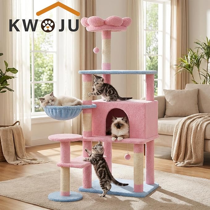 Flower Cat Tree 56 Inches，Large Cat Tower with Detachable Flower Cushions and Hiding Condo, Pink Cat Tree with Hammock Bed, Interactive Toys and Scratching Posts for Indoor Cats