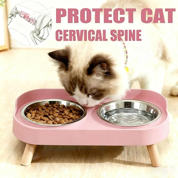 Elevated Cat Bowls, 2 Stainless Steel Raised Cat Food and Water Bowl Set, Splash Proof & Non-Slip, Whisker Fatigue Friendly, Dishwasher Safe for Cats and Small Dogs - Pink
