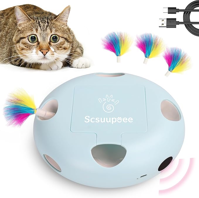 Cat Toys, Rechargeable Interactive Cat Toy, Smart Sensor Pop-Up Feather Toy with 7 Holes, USB Powered Automatic Kitten Toy for Indoor Cats, Blue