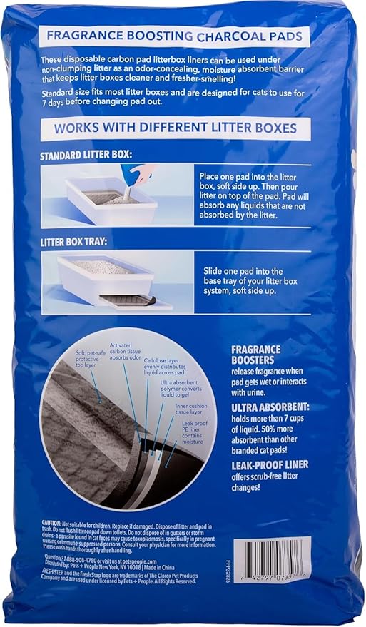 Fresh Step Charcoal Litter Box Pads with Activated Carbon for Odor Control, Ultra-Absorbent with Leak-Proof Bottom for Scrub-Free Cleanup, 16.9 x 11.4 Inches, 7 Count - 2 Pack