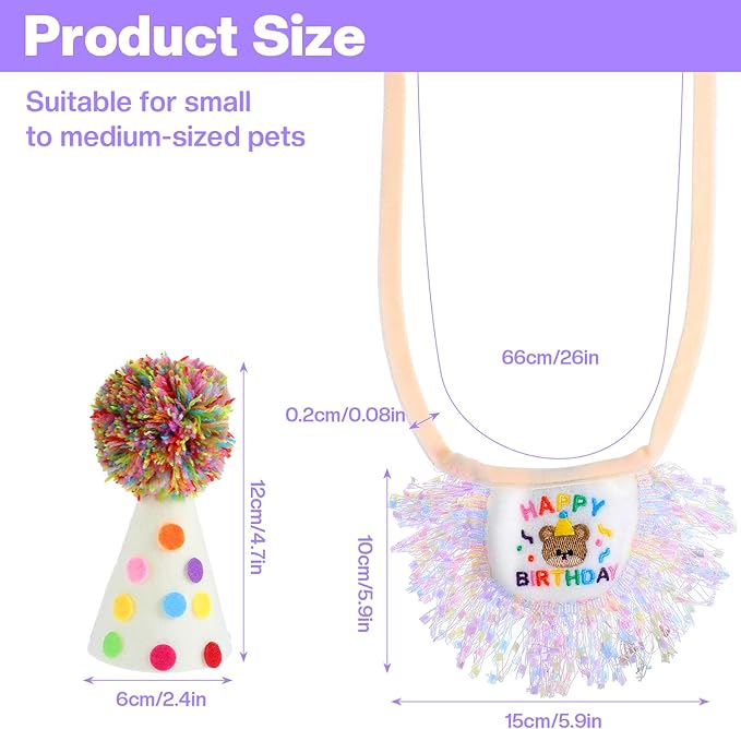 Cat Birthday Bandana Hat Set, Cute Cat Birthday Hat with Pom-Poms, Exquisite Cats Birthdays Outfit, Reusable Pet Party Decorations for Small Medium Cats Kittens Doggy