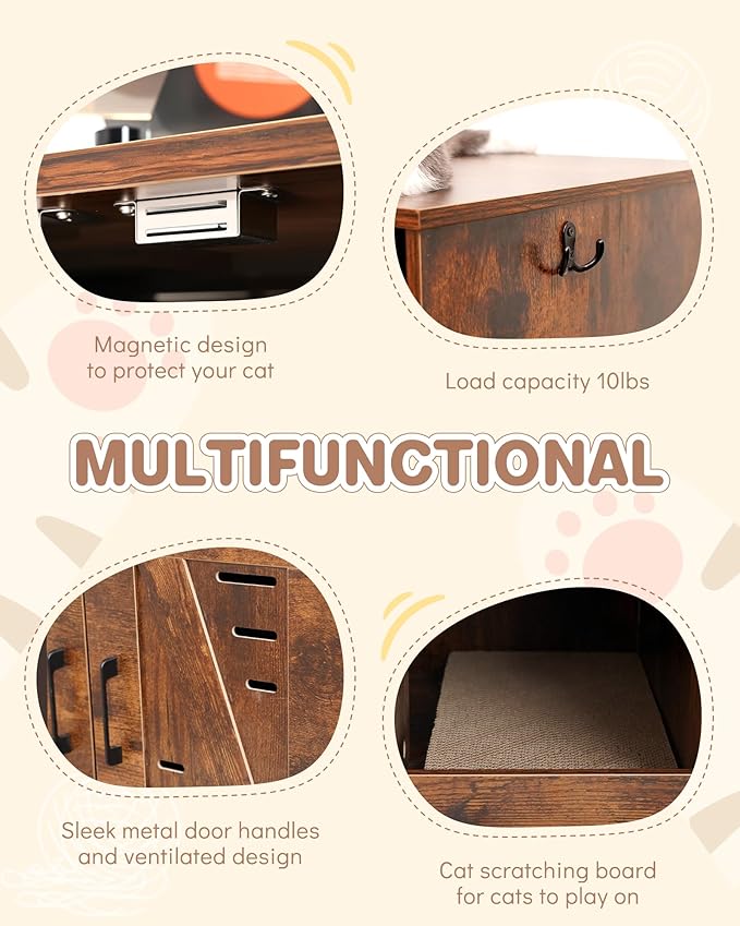 Cat Litter Box Enclosure, Hidden Cat Litter Box Furniture with Vent and Scratch Pad, Enclosed Odor Control, Easy Clean Panel, for Bedroom, Living Room, Rustic Brown