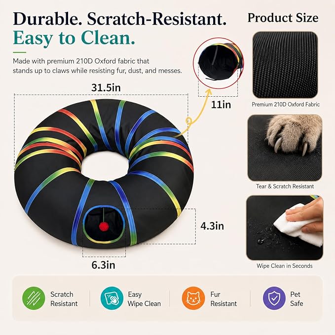 Cat Tunnel Toy with Plush Ball & Cat Wand Feather Toys-Portable Tattaff Waterproof Washable-Interesting Pattern Collapsible Black Rainbow