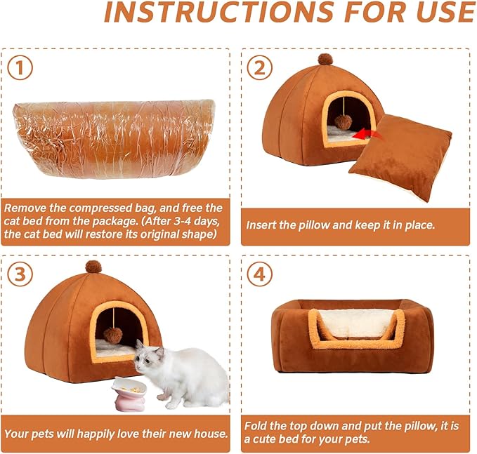Cat Bed Cave for Indoor Cats,Cat House Tent Bed with Removable Washable Cushioned Pillow, 2-in-1 Kitten Beds for Indoor Kittens,Pet Bed