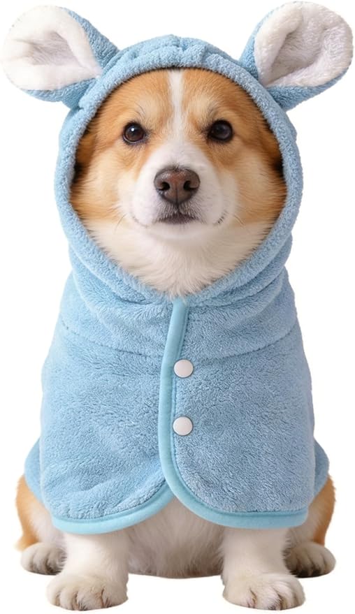 Pet Bathrobe for Dog Cat Super Absorbent Quick Drying Hooded Bath Towel Adjustable Robe for Pool Beach Cold Weather,Blue L