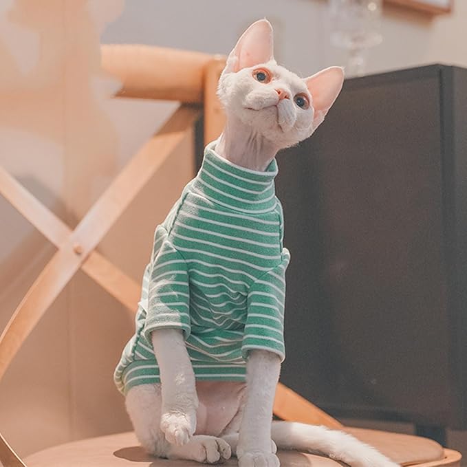 Sphynx Cats Warm Fleece Shirt Cat Turtleneck Undershirt Thermal Hairless Cat Clothes for Sphynx, Devon, Cornish Cat Clothes and Small Kitten and Dogs (Green Bold Stripe, Small)