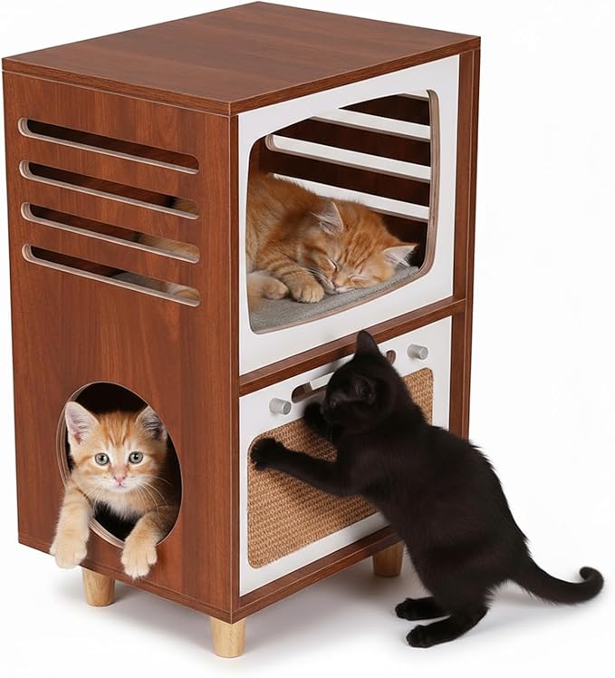 Generic Two-Tier Indoor Cat Activity Center with Scratching Board Vintage TV Shaped Cat Furniture Retro TV-Style for Living Room Bedroom Decoration