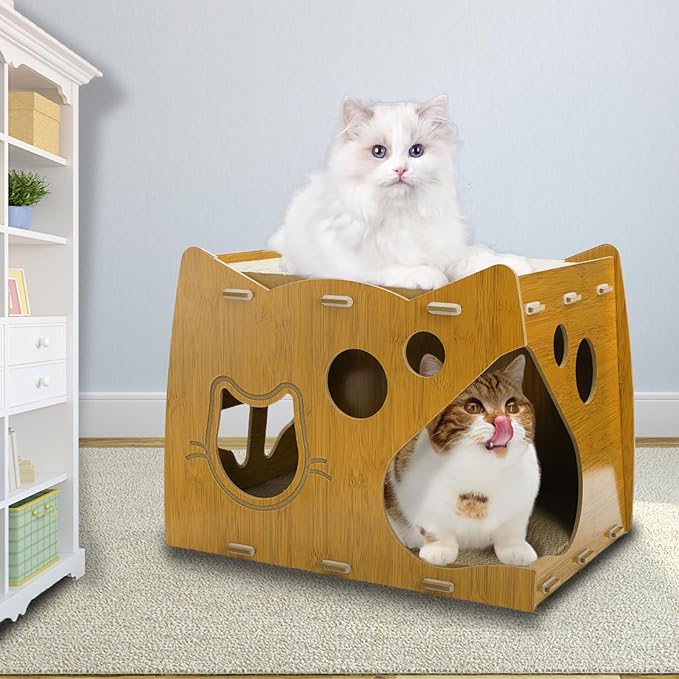 WRINGKIT Cat Scratcher House, 2 in 1 Cat Cardboard House with 2 Scratching Pads, Sturdy Cat House Lounge for Indoor Cats to Rest and Hide, Maximum Load Capacity 66 Lbs