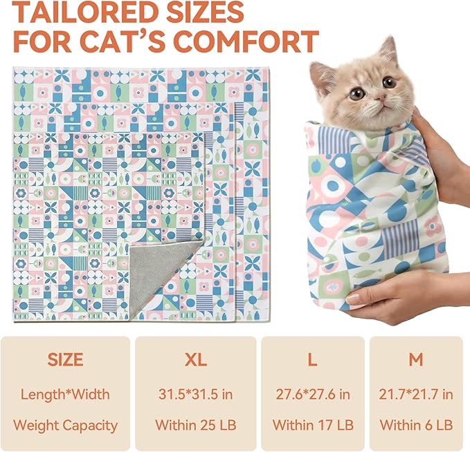 BFNN Cat Grooming Wrap for Cutting Nails, 21.6" Anti-Escape Calming Cat Swaddle Wrap for Medicine, Nail Clipping, Teeth Brushing, Ear Cleaning, Self-Adherent Burrito Restraint, (Geometric Fish, M)