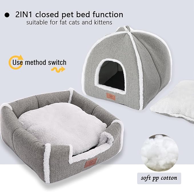 Cat Beds for Indoor Cats-Cat Bed Cave House Tent for Kittens and Small Pets with Washable Cushioned,Soft and Warm Indoor House, Grey, 15 inches