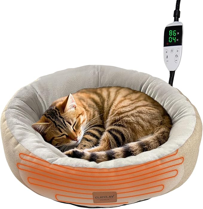 CLAYCLAY Heated Cat Bed, Round Heated Pet Bed for Indoor Cats, 20" Cozy with Timer & Temperature Adjustable, Non-Slip Bottom, Removable, Washable, Waterproof with Pet Heating Pad