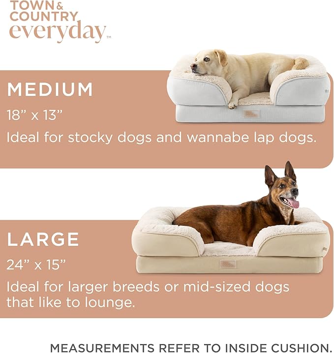 Town & Country Everyday CuddleTown Comfy Solid Bolster Sofa Pet Bed, Supportive & Calming Egg Crate Foam, Non-Slip Bottom, Machine Washable Cover, Cream, Medium 28"x23"x8"