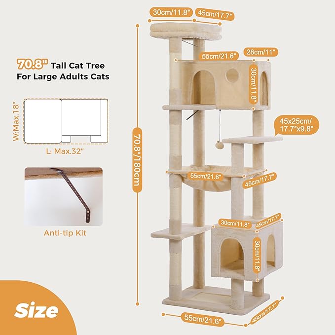 72” Cat Tree for Large Cats Big Cat Tower with Enlarged Hammock 21.6x17.7” Spacious Cats Condo House, Roomy Top Bed,Multiple Scratch Posts and Pad for Indoor Adult Cats (Beige, XLarge-72)