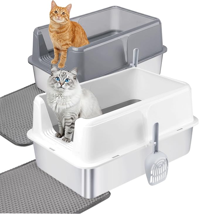 2 Pack Stainless Steel Cat Litter Box with Lid - XL Extra Large Enclosed Metal Litter Pan for Big Cats, High Sided Non-Stick Odor Resistant Anti-Urine Leakage, Easy Clean with Scoop & Mat, Gray/White
