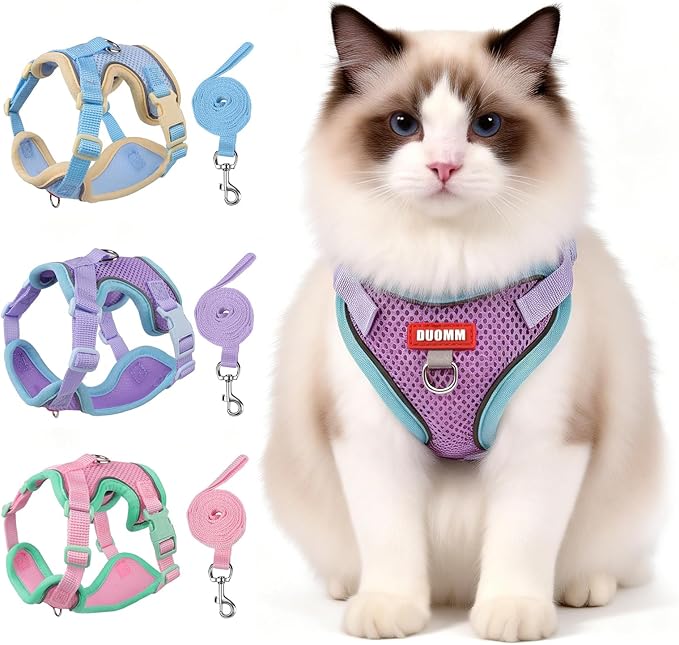 Cat Harness and Leash Set Escape Proof, Soft Mesh Cat Vest Harness and Leash for Walking and Training, Adjustable Reflective Kitten Harness and Leash Set for Small Dogs and Cats (Purple, M)