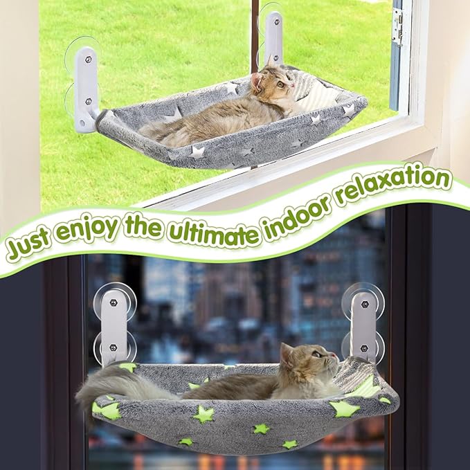 Zoratoo Cat Window Perch, Glow in The Dark Cordless Foldable Pet Hammock Bed for Window with Sturdy Metal Frame, Glowing Stars Pattern Resting Seat for Indoor Cats (Stars - M)