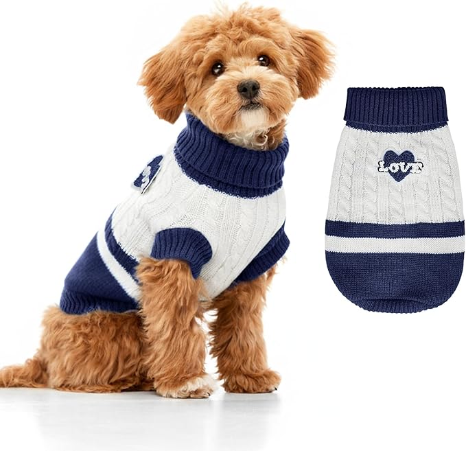 Dog Sweater Knitted for Small to Large Dogs Boy Girl, Classic Turtleneck Dog Christmas Sweaters, Warm & Soft Pet Clothes for Winter (Love Blue, S)