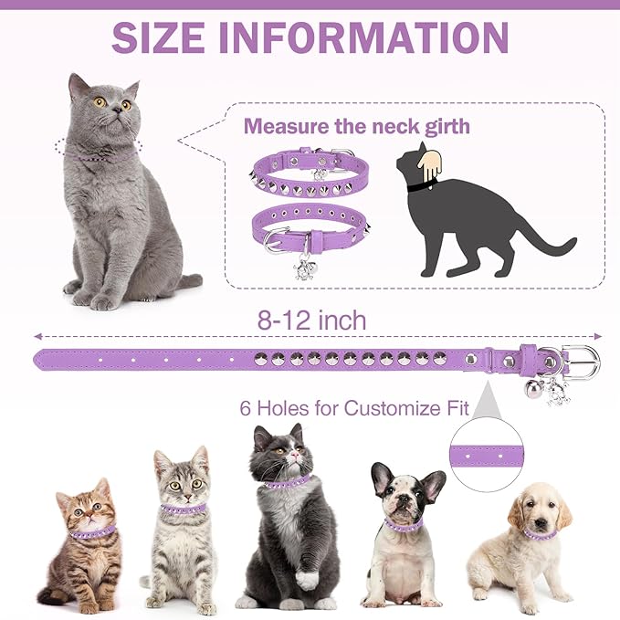 Leather Cat Collars for Boy Girl Cats with Bell and Safety Elastic Belt, Personalized Rivets Stud Adjustable Safe Buckle Collar with Skull Charm for Kitty Small Pets, Halloween Cat Collar