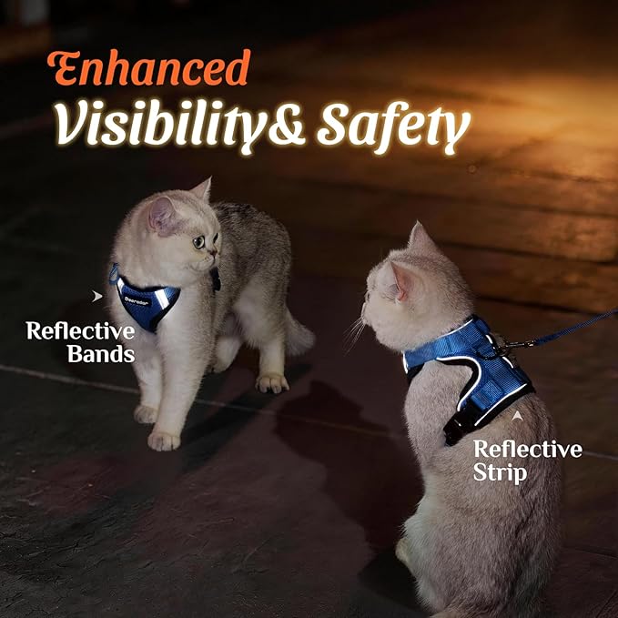 Dooradar Cat Harness and Leash Set, Escape Proof Soft with 3 Adjustable Buckles, Comfortable Vest Easy to Wear Kitten Harness with Reflective Strip, Safe for Outdoor Walking, Royal Blue, M