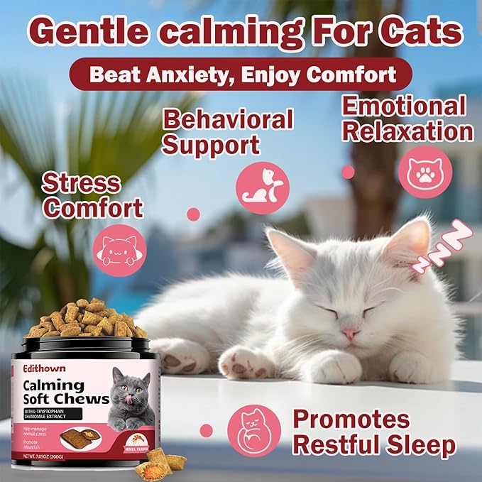 Cat Calming Treats,500 Crunchy Creamy Cat Chews,Melatonin for Storms, Travel, Separation - Krill Flavor