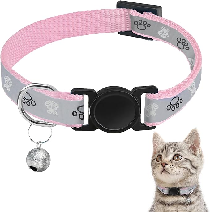 Cat Collar Breakaway, Reflective Kitten Collar with Bell, Safety Buckle Kitten Collar, Lightweight, Adjustable, Comfortable, Suitable for Boy Girl Cats (7"-13") Pink