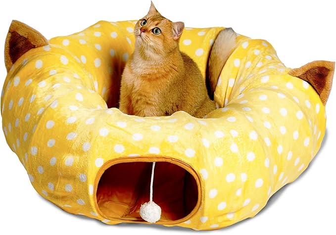 AUOON Cat Tunnel Bed for Indoor Cats - Large Cat Donut Tunnel with Hanging Ball Toy, Collapsible 2-in-1 Multifunctional Interactive Cat Toy for Kitten, Puppy, Rabbit, Ferret (Yellow)