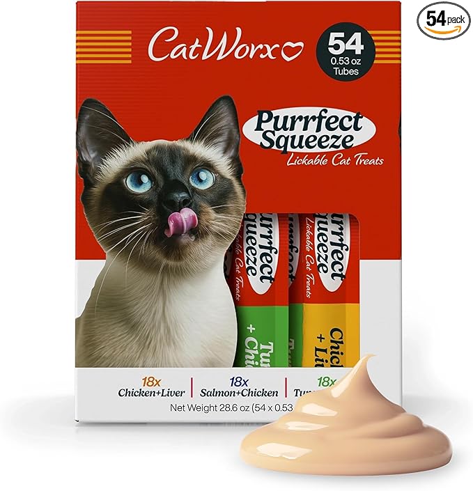 Catworx by Chewmasters Purrfect Squeeze Lickable Soft Cat Treats, 54 Pack - Creamy Purée Squeeze Tubes for Kittens and Adult Cats - Hand Feeding Snack or Food Topper - Training Reward, 0.53 Ounce