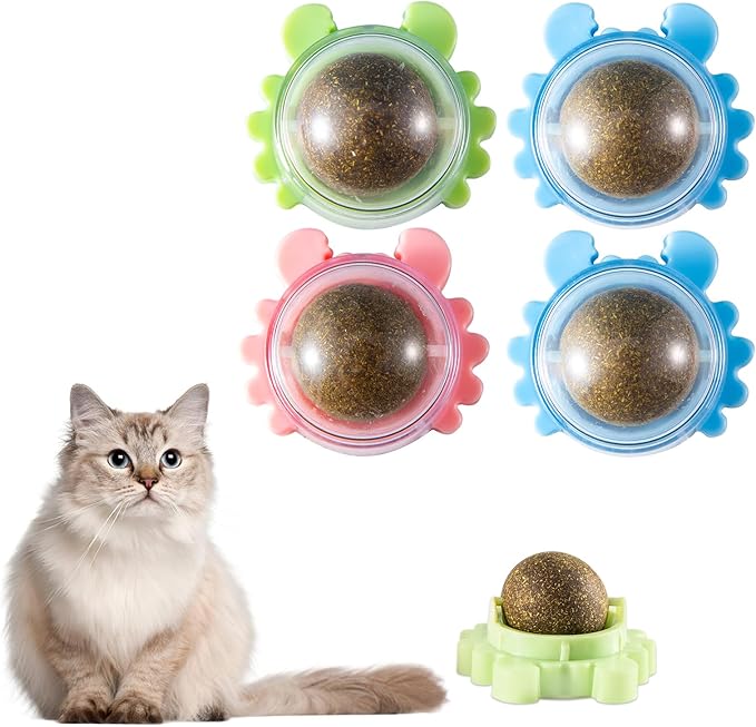 Catnip Balls for Indoor Cats 4 Pack Wall Mounted Rotatable Cat Toys Teeth Cleaning and Stress Relief Adhesive Catnip Stick on Wall Toys Interactive Chew for Kittens Play Entertainment