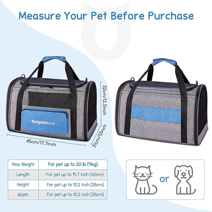 BurgeonNest Cat Carriers for Small Cats Under 15, Medium Puppy Under 25 lbs Large Pet 20 lbs Soft Sided Pet Carrier with Unique Side Bag (Medium, Grey)