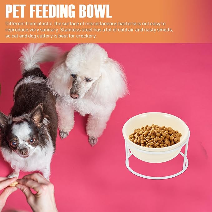 Ceramic Cat Feeder Bowl Elevated Pet Food Holder with Iron Stand Beige Raised Water and Food Dish for Cats and Dogs Neck Protection