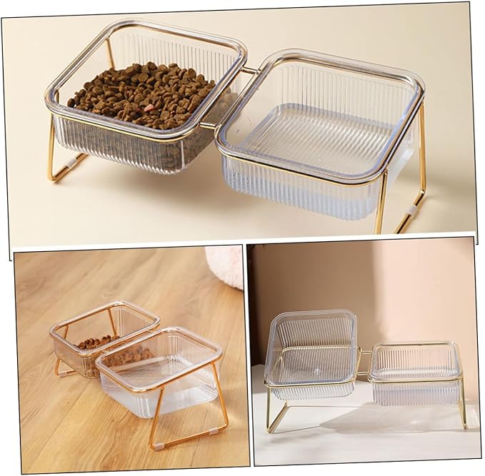 OUNONA Double Elevated Cat Bowl Set, Tilted Raised Iron Pet Feeder with Bowls, Neck Protection Design for Cats and Puppies, Easy-Clean Feeding and Watering Station