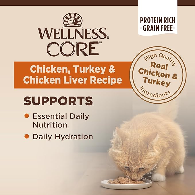 Wellness CORE+ Pate Adult Canned Wet Cat Food for Indoor Cats, Natural, Protein Rich, Grain Free, Chicken Recipe, 5.5 oz, Pack of 12 Cans