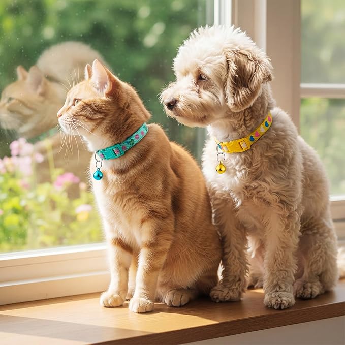Frienda 6 Pack Cat Collars with Bells Breakaway Cats Collar Adjustable 8.27 to 13.39 Inches Safety Buckle Cute Pets Collar for Adult Cats and Small Dogs(Pink, Green, Red, Light Red, Yellow)