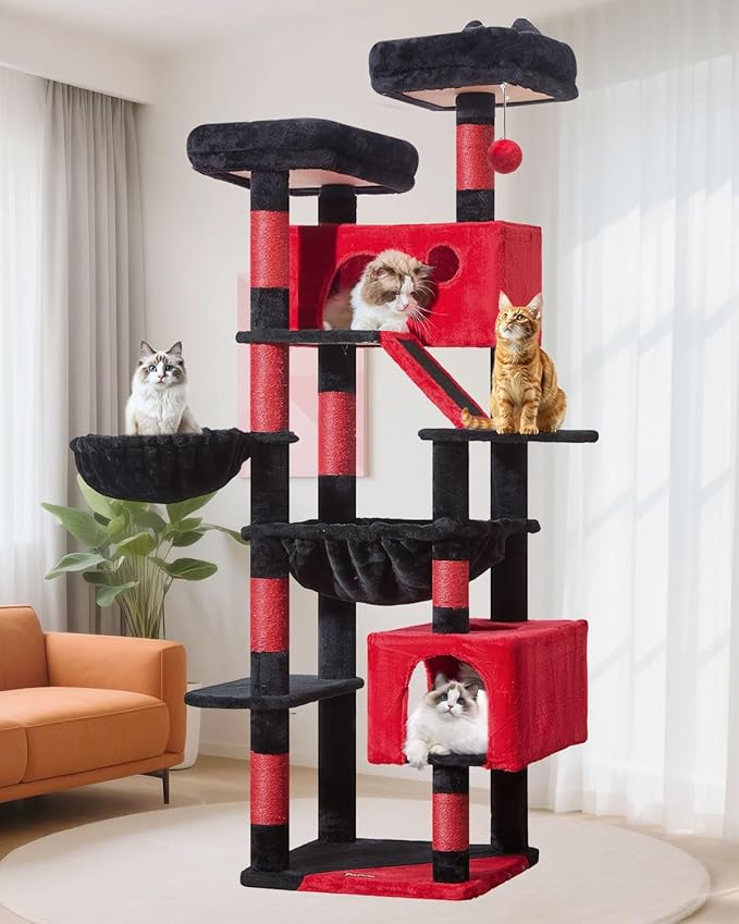Taoqimiao Gothic Cat Tree 71-Inch, Cat Tower for Indoor Cats Large Adult, Multi-Level Large Cat Condo, 8 Sisal Scratching Posts, Metal Frame Cozy Hammock, Scratch Board, 2 Top Perches, MS026LBR