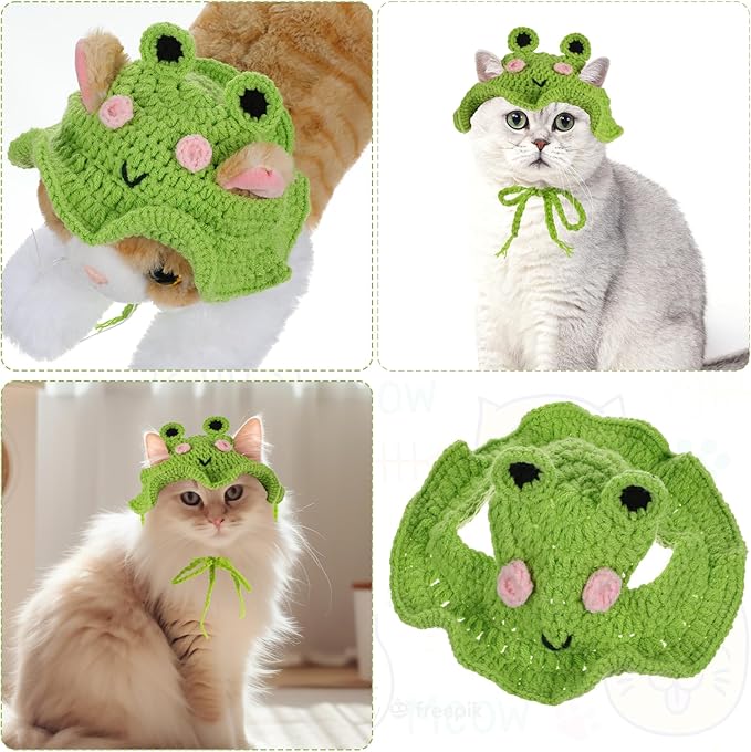 Thinp Cat Frog Hat, Cotton & Soft Cute Knitted Hats for Cats Crochet Cat Hats for Cats Birthday Party Christmas Knit Puppy Hat for Small Pets (Green, M)