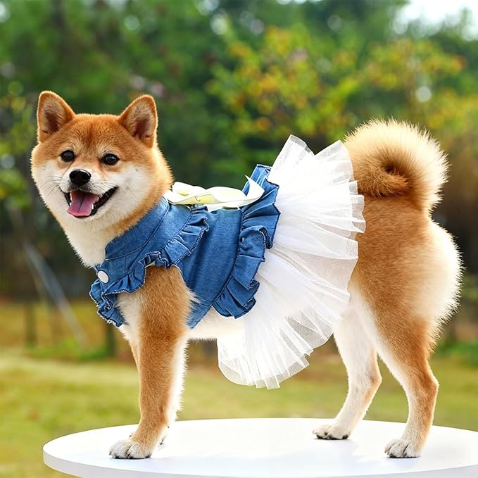 Dog Cat Denim Tutu Dress, Princess Puppy Kitten Outfit with Pearl Bow & Stand-Up Collar, Sleeveless Pet Clothes for Wedding Birthday Party, Easy Front Snap Closure for Chihuahua(White-Denim, X-Large)