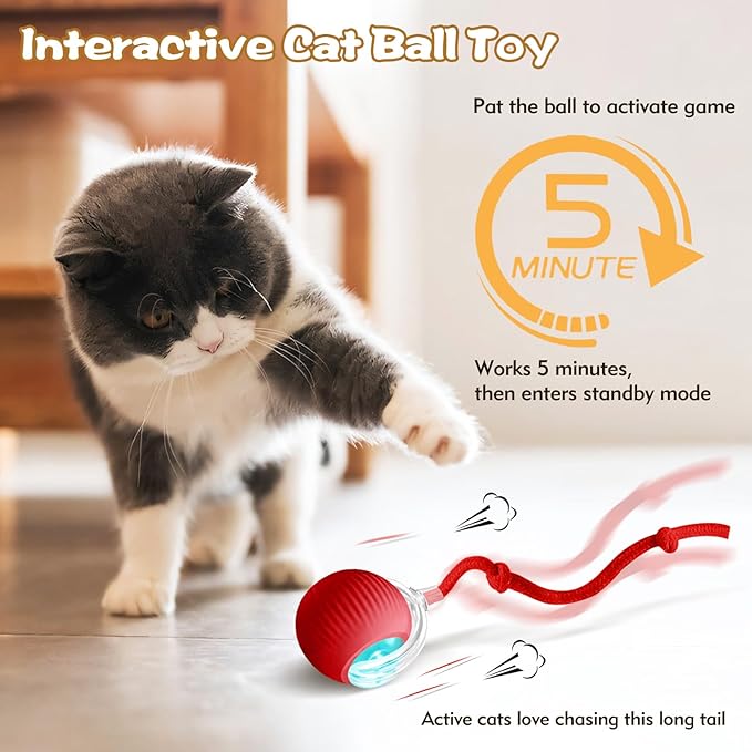 Interactive Cat Ball Toys for Indoor Cats, Upgraded Automatic Cat Toys for Bored Indoor Adult Kitty, Peppy Pet Ball for Cats, 360°Smart Rolling Kitty Balls Toy (Red)
