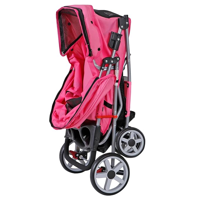4 Wheels Foldable Pet Dog Cat Jogger Stroller Travel Carrier Strolling Cart w/Waterproof Cover Storage Basket Cup Holder & Removable Liner for Medium Small Cat Dog, Pink