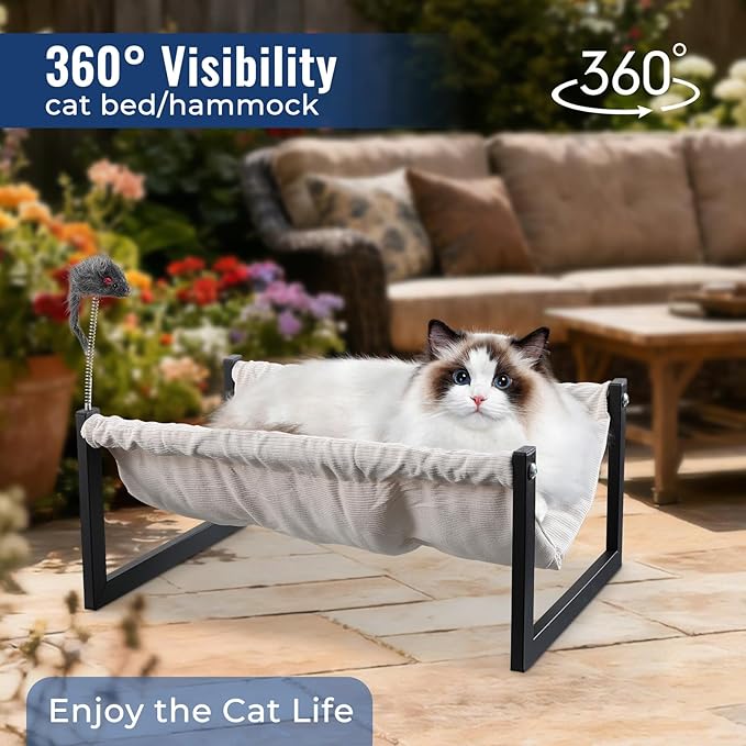 Elevated Cat Bed for Indoor Cats - Machine Washable, 360° Surround Sight, Rust-Resistant Frame with Toy - Effortless Setup, Comfort Mattresses (Thick)