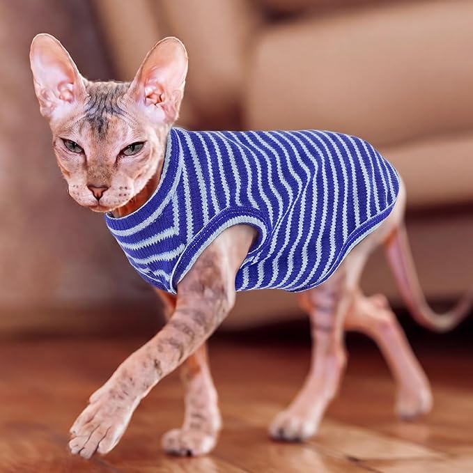 BRKURLEG Knit Cat Shirt, Sleeveless Pet Vest for Sphynx Cats and Small Dogs, Soft Pullover Spring Summer Apparel, Breathable T-Shirts with Round Collar (Blue Stripes, XL)