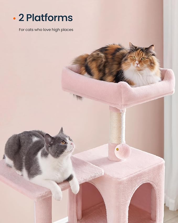 SONGMICS HOME Cat Tree for Indoor Cats, Multi-Level Cat Tower with Sisal Scratching Posts, Hammock and Condo, Pink