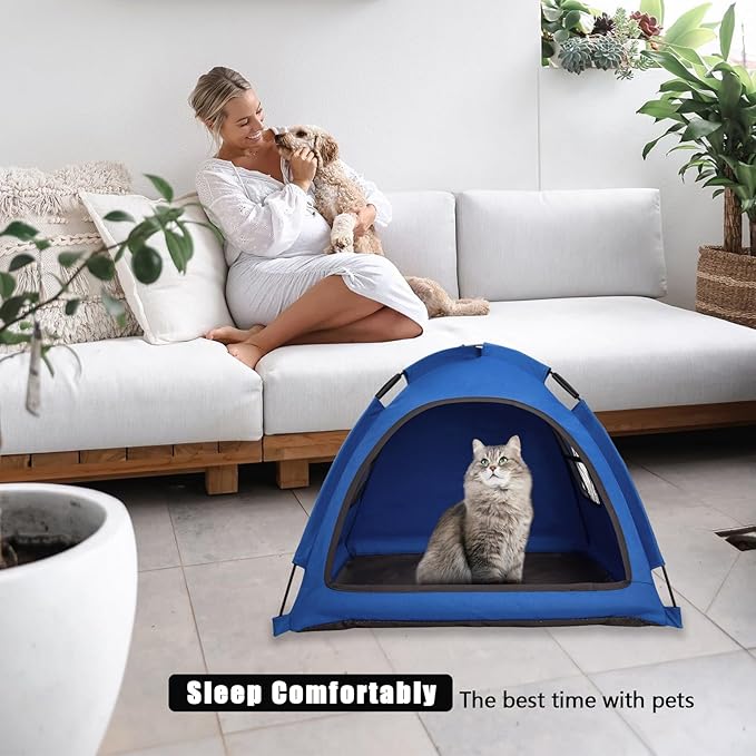 Anti-Anxiety Open Pet Tent, Calming Hideaway Monitoring Bed for Cats & Small Dogs, Breathable Mesh, Tool-Free Setup, Indoor Outdoor Travel, Blue
