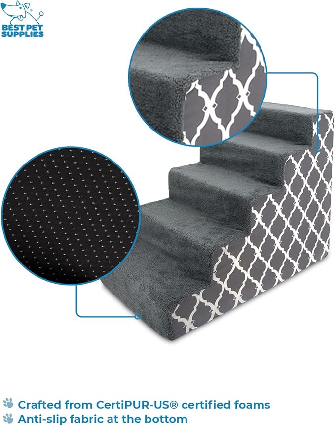 Best Pet Supplies Dog Stairs & Steps - Foam Steps for Small Dogs & Cats, Non-Slip Indoor Balanced Pet Step Support, Dog Ramp, No Assembly, Gray Lattice Print, 5-Step